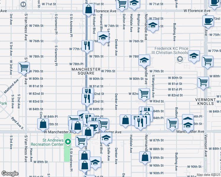 map of restaurants, bars, coffee shops, grocery stores, and more near 1606 West 82nd Street in Los Angeles
