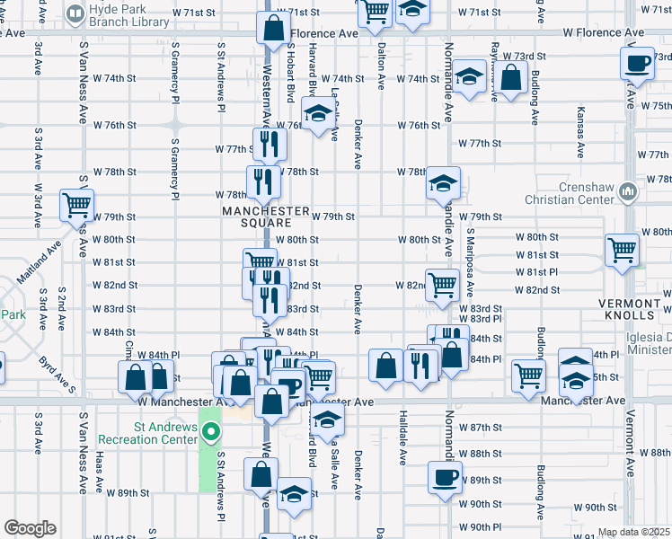 map of restaurants, bars, coffee shops, grocery stores, and more near 1606 West 82nd Street in Los Angeles