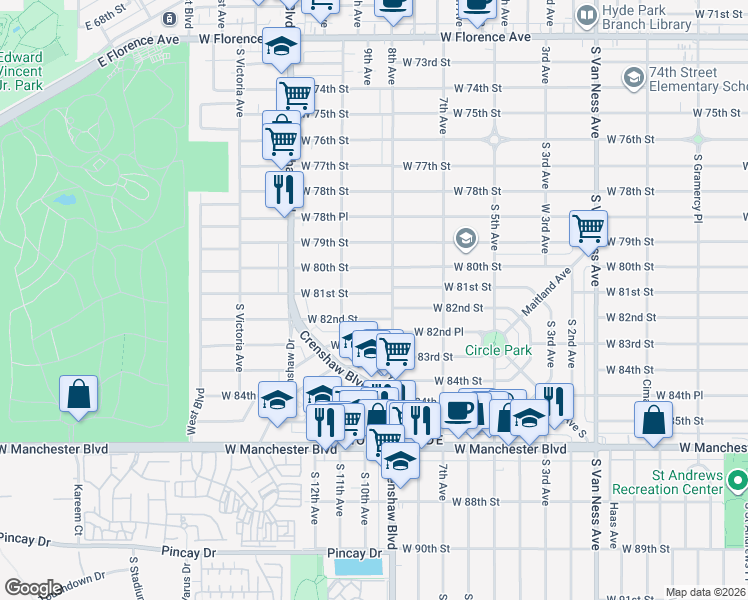 map of restaurants, bars, coffee shops, grocery stores, and more near 3200 West 82nd Street in Inglewood