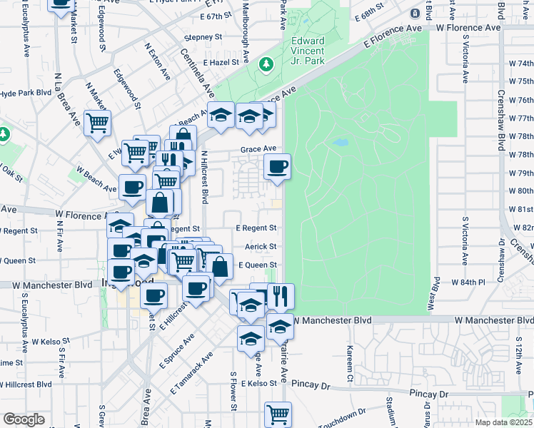 map of restaurants, bars, coffee shops, grocery stores, and more near 628 East Regent Street in Inglewood