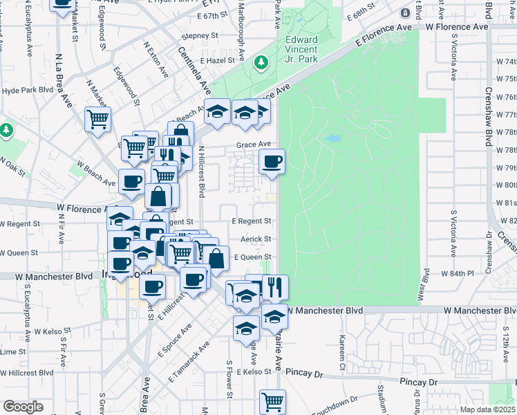 map of restaurants, bars, coffee shops, grocery stores, and more near 628 East Regent Street in Inglewood