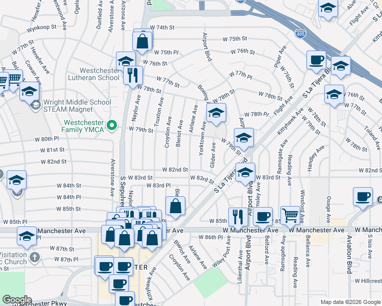 map of restaurants, bars, coffee shops, grocery stores, and more near 8122 Airlane Avenue in Los Angeles