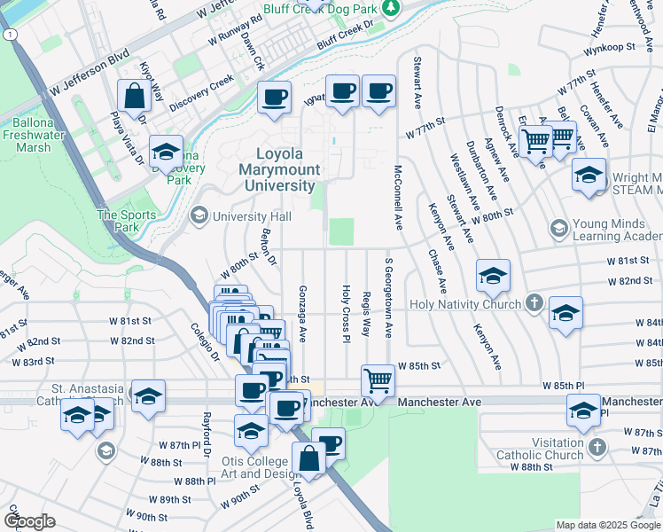 map of restaurants, bars, coffee shops, grocery stores, and more near 8105 Holy Cross Place in Los Angeles