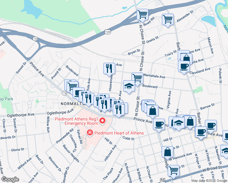 map of restaurants, bars, coffee shops, grocery stores, and more near 130 Hiawassee Avenue in Athens