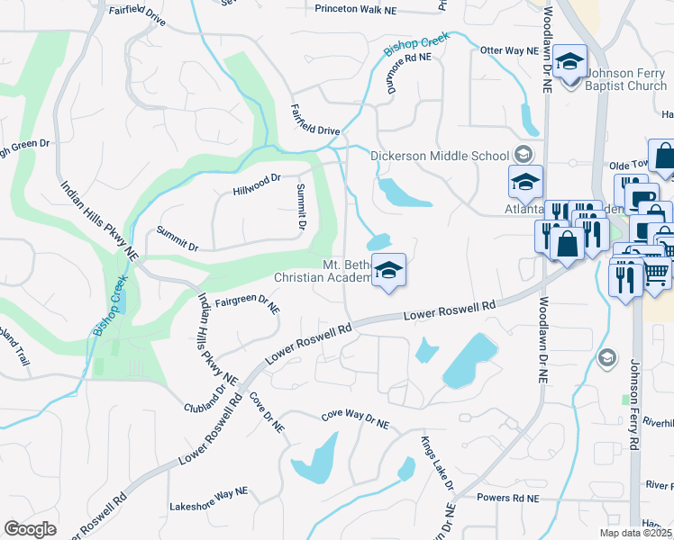 map of restaurants, bars, coffee shops, grocery stores, and more near 649 Fairfield Drive in Marietta