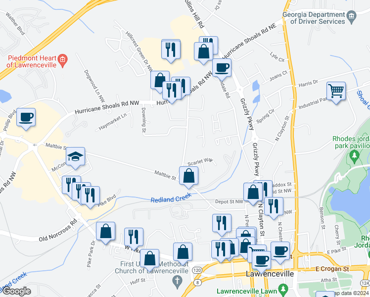 map of restaurants, bars, coffee shops, grocery stores, and more near 88 Curtis Road in Lawrenceville