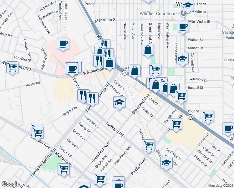 map of restaurants, bars, coffee shops, grocery stores, and more near 12711 Home Park Drive in Whittier