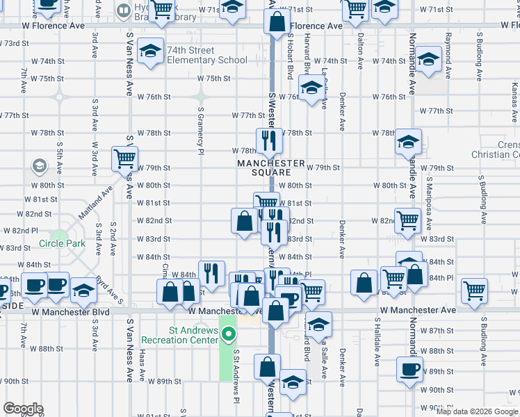 map of restaurants, bars, coffee shops, grocery stores, and more near 1814 West 82nd Street in Los Angeles