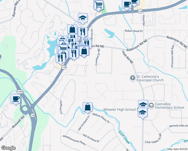 map of restaurants, bars, coffee shops, grocery stores, and more near 541 Spring Creek Way Northeast in Marietta