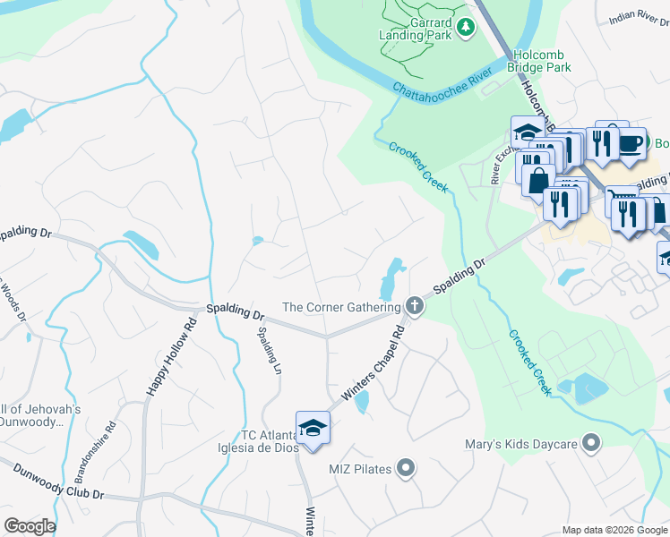 map of restaurants, bars, coffee shops, grocery stores, and more near 5020 Nesbit Ferry Lane in Atlanta
