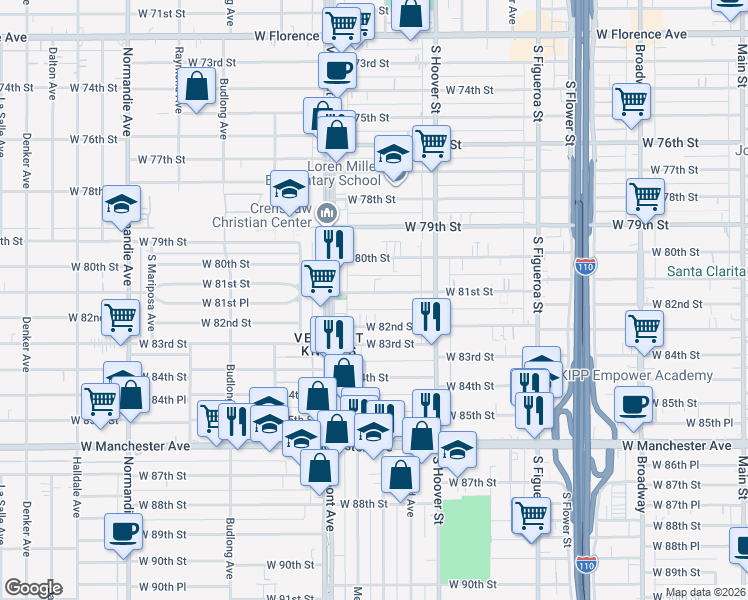 map of restaurants, bars, coffee shops, grocery stores, and more near 916 1/2 West 81st Street in Los Angeles