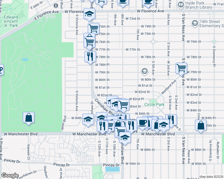 map of restaurants, bars, coffee shops, grocery stores, and more near 3208 West 81st Street in Inglewood