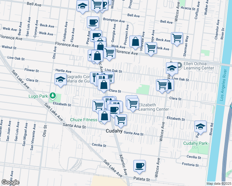 map of restaurants, bars, coffee shops, grocery stores, and more near 4636 Clara Street in Cudahy