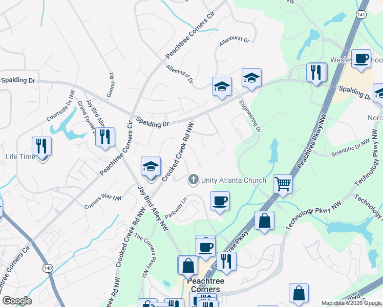 map of restaurants, bars, coffee shops, grocery stores, and more near 3650 Centennial Square in Norcross