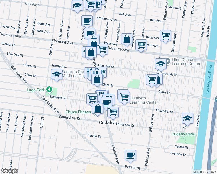 map of restaurants, bars, coffee shops, grocery stores, and more near 4636 Clara Street in Bell Gardens
