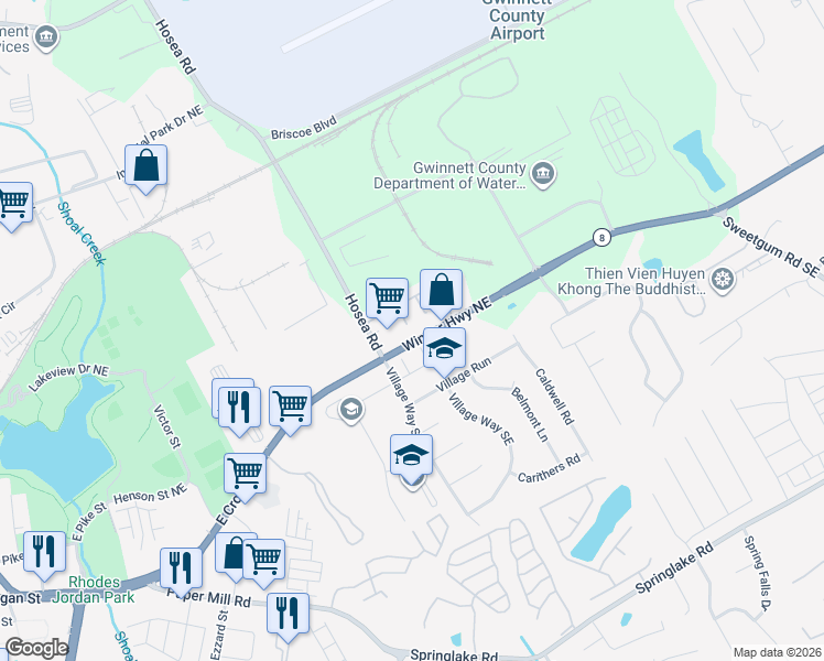 map of restaurants, bars, coffee shops, grocery stores, and more near 63 Timber Mist Lane in Lawrenceville