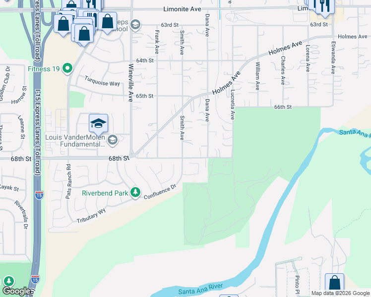 map of restaurants, bars, coffee shops, grocery stores, and more near 11571 68th Street in Jurupa Valley