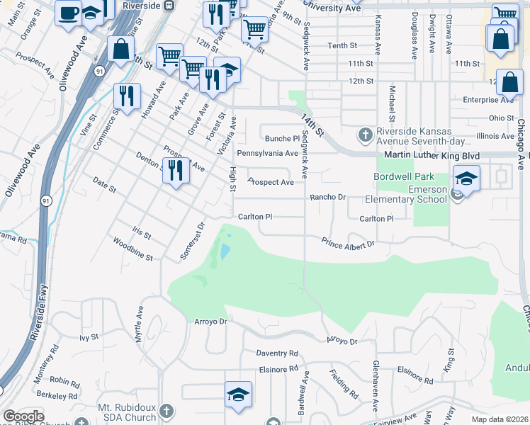 map of restaurants, bars, coffee shops, grocery stores, and more near 2505 Carlton Place in Riverside