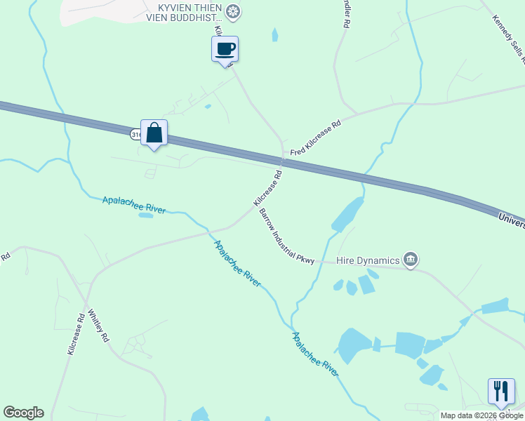 map of restaurants, bars, coffee shops, grocery stores, and more near Barrow Industrial Parkway in Winder