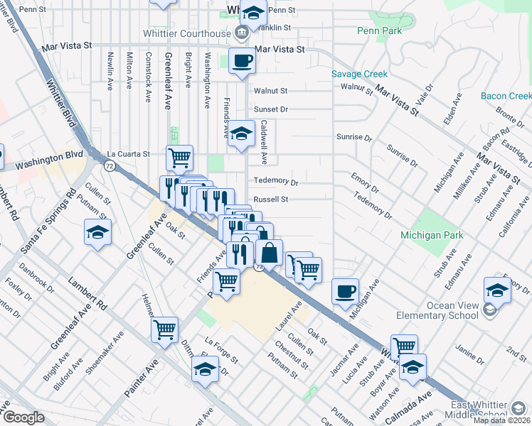 map of restaurants, bars, coffee shops, grocery stores, and more near 13503 Valna Drive in Whittier