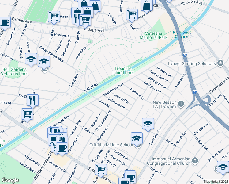 map of restaurants, bars, coffee shops, grocery stores, and more near 7515 Glencliff Drive in Downey