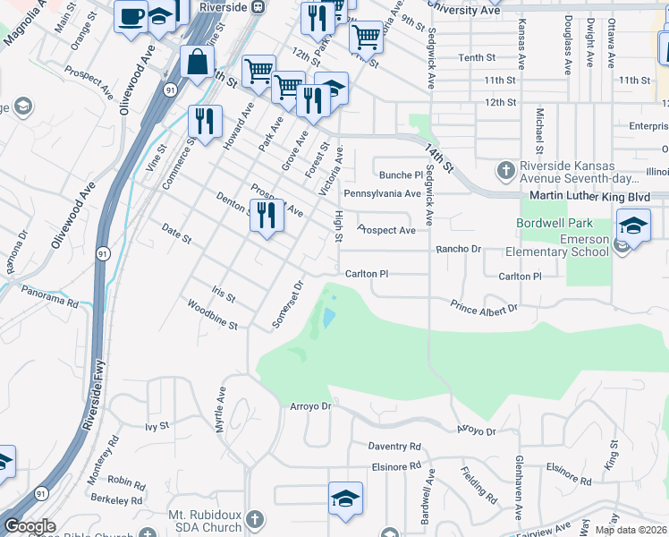 map of restaurants, bars, coffee shops, grocery stores, and more near 2609 Carlton Place in Riverside