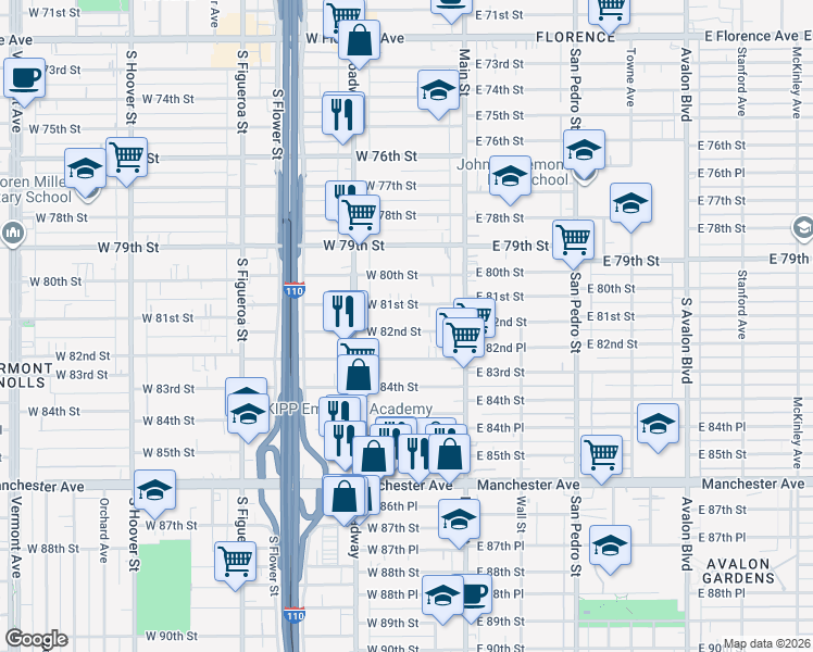 map of restaurants, bars, coffee shops, grocery stores, and more near 201 West 82nd Street in Los Angeles