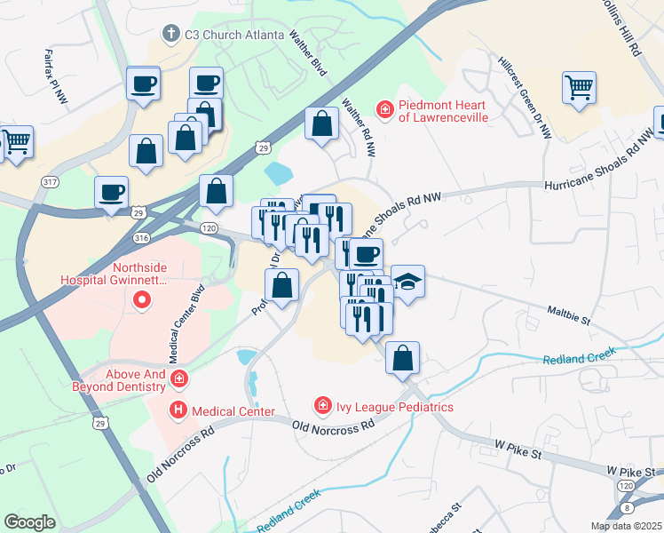 map of restaurants, bars, coffee shops, grocery stores, and more near Georgia 120 & Duluth Highway & Hurricane Shoals Road Northwest in Lawrenceville