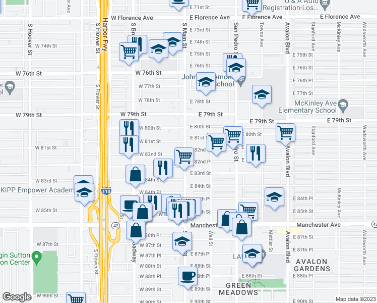 map of restaurants, bars, coffee shops, grocery stores, and more near 8200 South Main Street in Los Angeles
