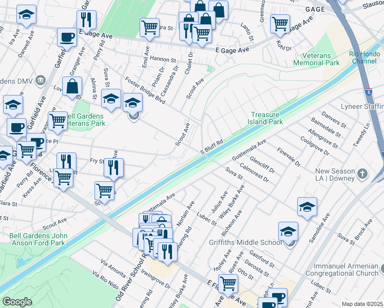 map of restaurants, bars, coffee shops, grocery stores, and more near 8 South Bluff Road in Downey