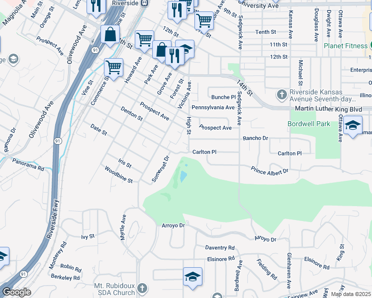 map of restaurants, bars, coffee shops, grocery stores, and more near 2609 Carlton Place in Riverside