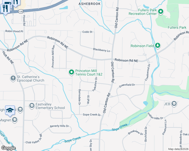 map of restaurants, bars, coffee shops, grocery stores, and more near 631 Yorkshire Drive in Marietta