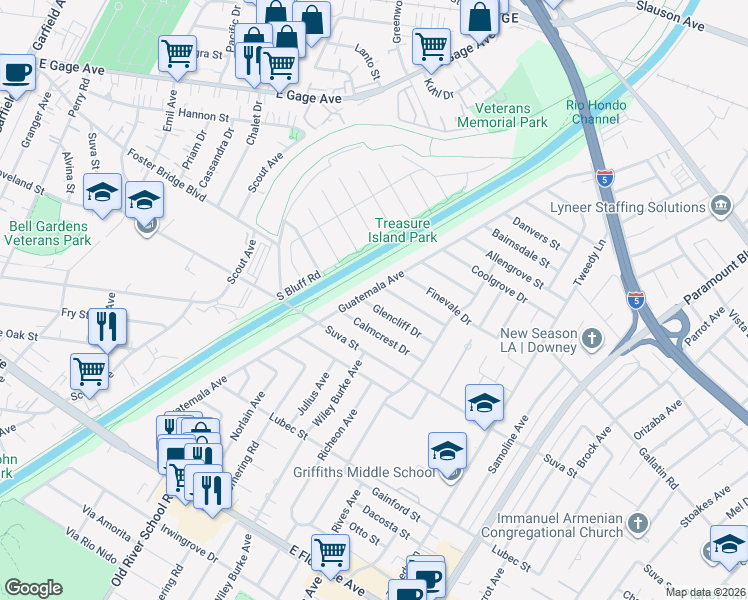 map of restaurants, bars, coffee shops, grocery stores, and more near 7515 Glencliff Drive in Downey