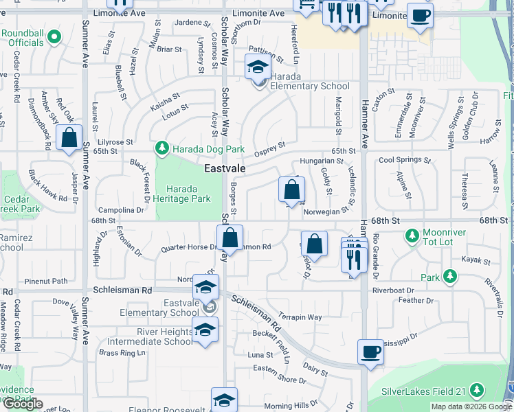 map of restaurants, bars, coffee shops, grocery stores, and more near 6749 Rico Court in Corona