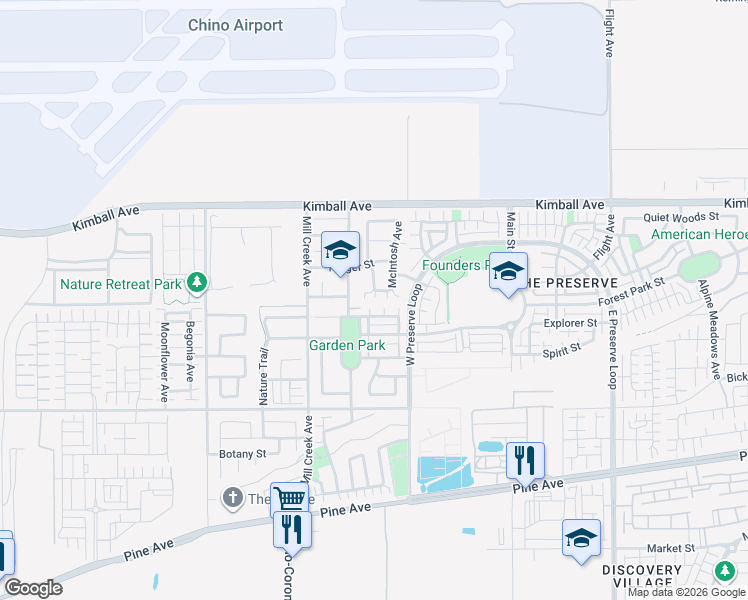map of restaurants, bars, coffee shops, grocery stores, and more near 8029 Spencer Street in Chino