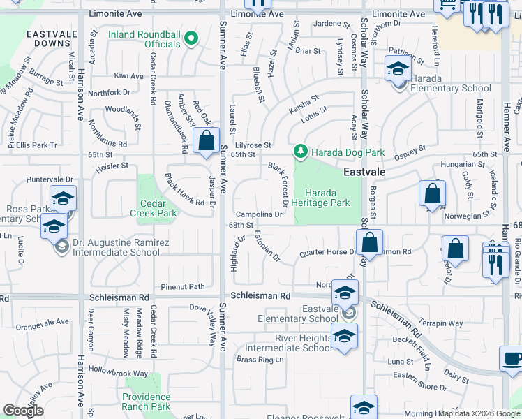 map of restaurants, bars, coffee shops, grocery stores, and more near 13284 Campolina Drive in Corona