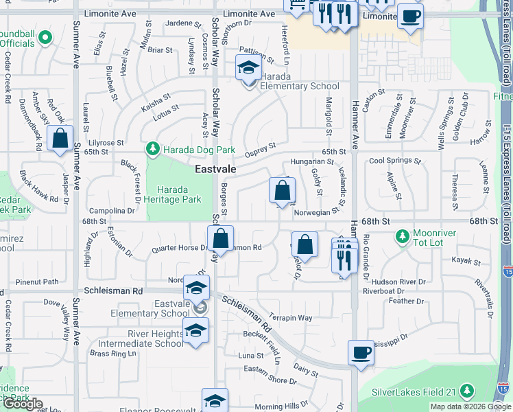 map of restaurants, bars, coffee shops, grocery stores, and more near 6746 Rico Court in Corona