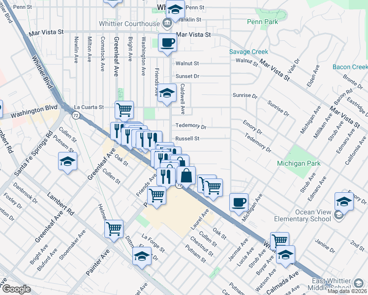 map of restaurants, bars, coffee shops, grocery stores, and more near 13503 Valna Drive in Whittier