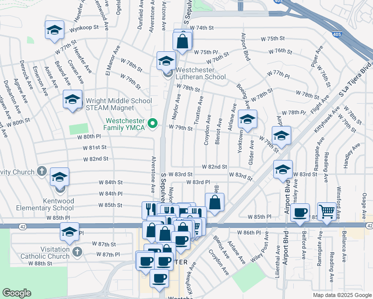 map of restaurants, bars, coffee shops, grocery stores, and more near 8022 Vicksburg Avenue in Los Angeles
