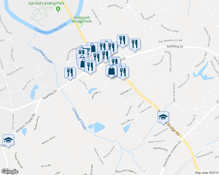 map of restaurants, bars, coffee shops, grocery stores, and more near 6427 Deerings Lane in Norcross