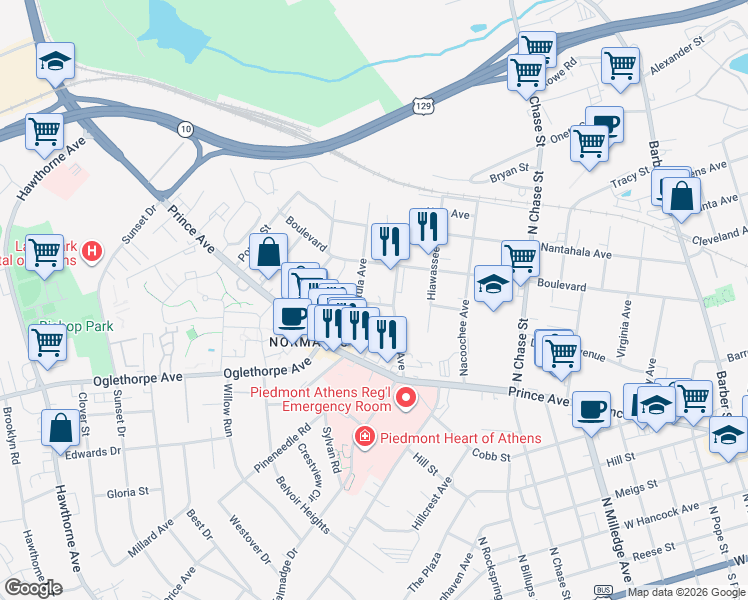 map of restaurants, bars, coffee shops, grocery stores, and more near 350 Satula Avenue in Athens