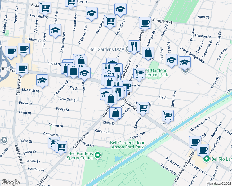 map of restaurants, bars, coffee shops, grocery stores, and more near  in Bell Gardens