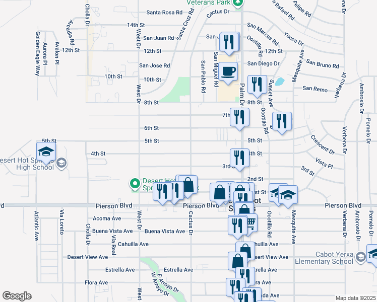 map of restaurants, bars, coffee shops, grocery stores, and more near 66236 4th Street in Desert Hot Springs