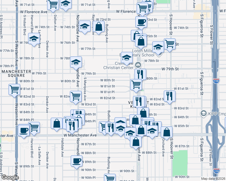 map of restaurants, bars, coffee shops, grocery stores, and more near 1201 West 81st Street in Los Angeles