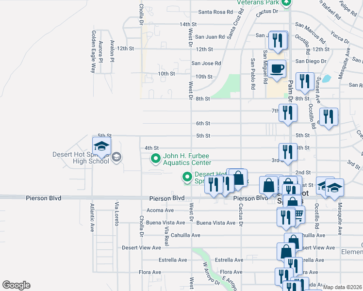 map of restaurants, bars, coffee shops, grocery stores, and more near 65951 5th Street in Desert Hot Springs