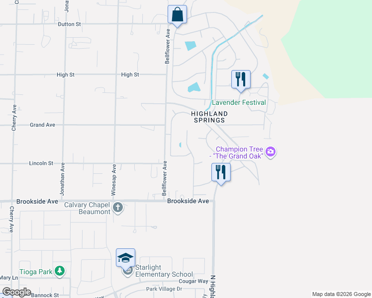 map of restaurants, bars, coffee shops, grocery stores, and more near 10700 Deerfield Drive in Cherry Valley