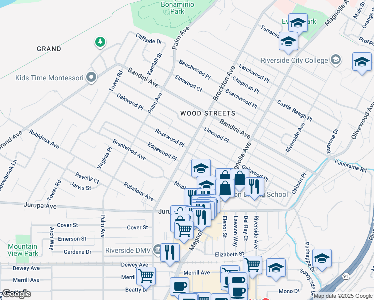map of restaurants, bars, coffee shops, grocery stores, and more near 4173 Rosewood Place in Riverside