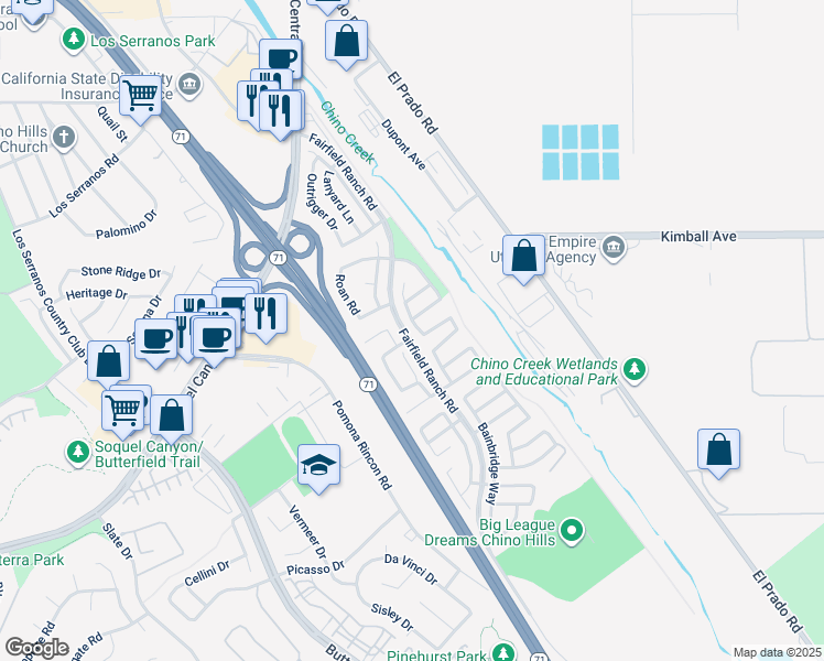 map of restaurants, bars, coffee shops, grocery stores, and more near 5554 Newbriar Way in Chino Hills