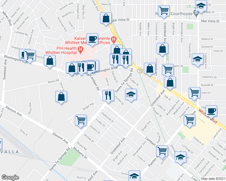 map of restaurants, bars, coffee shops, grocery stores, and more near 12549 Adler Drive in Whittier