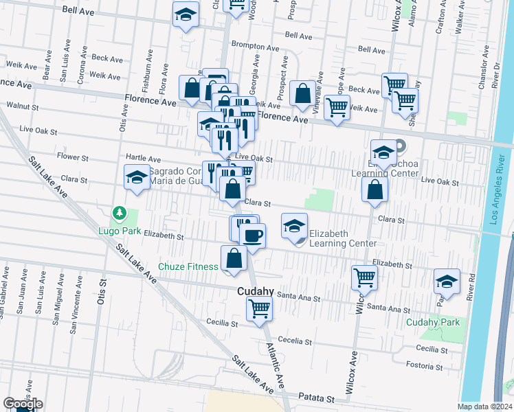 map of restaurants, bars, coffee shops, grocery stores, and more near 4647 Clara Street in Cudahy